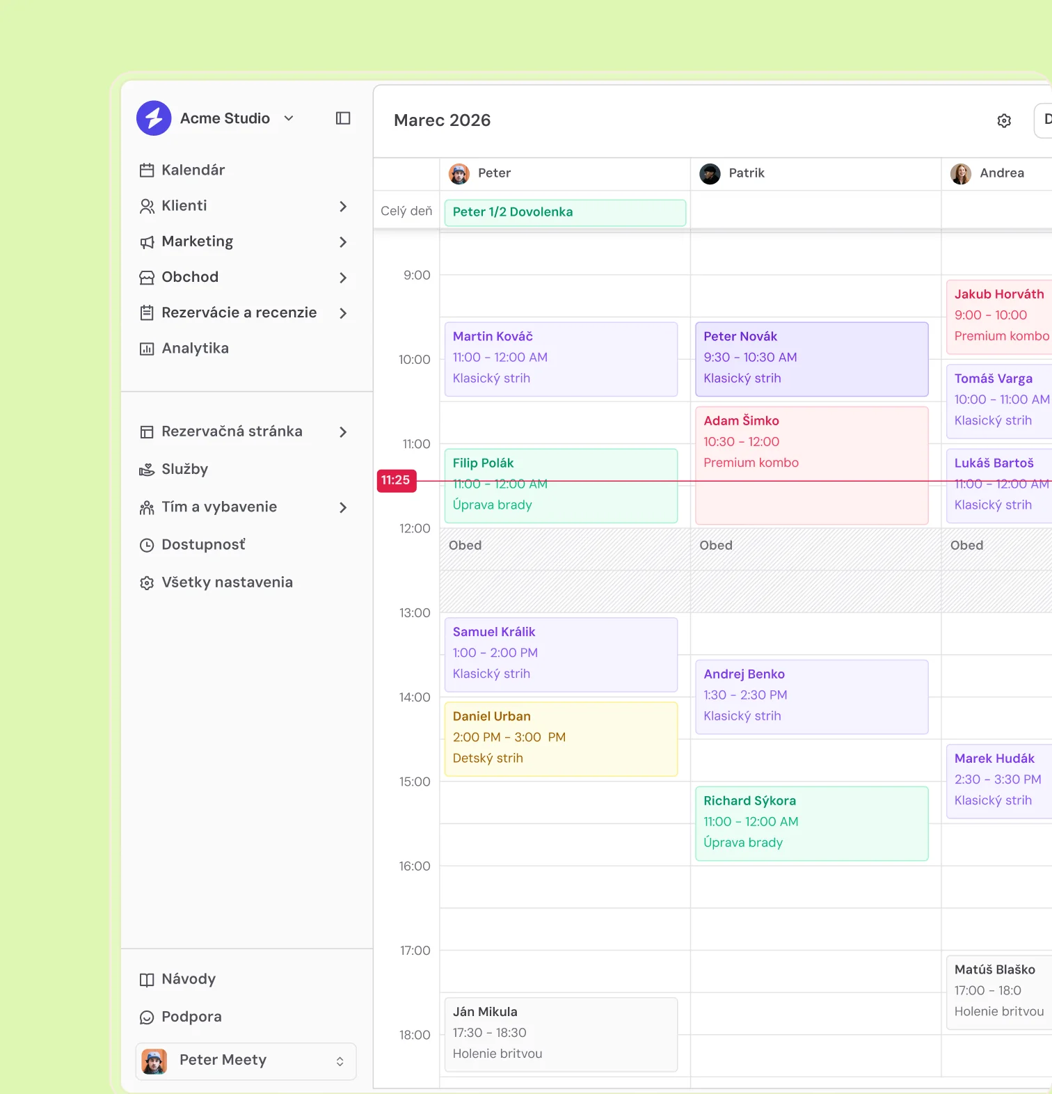 Meety calendar with a day view of team appointments