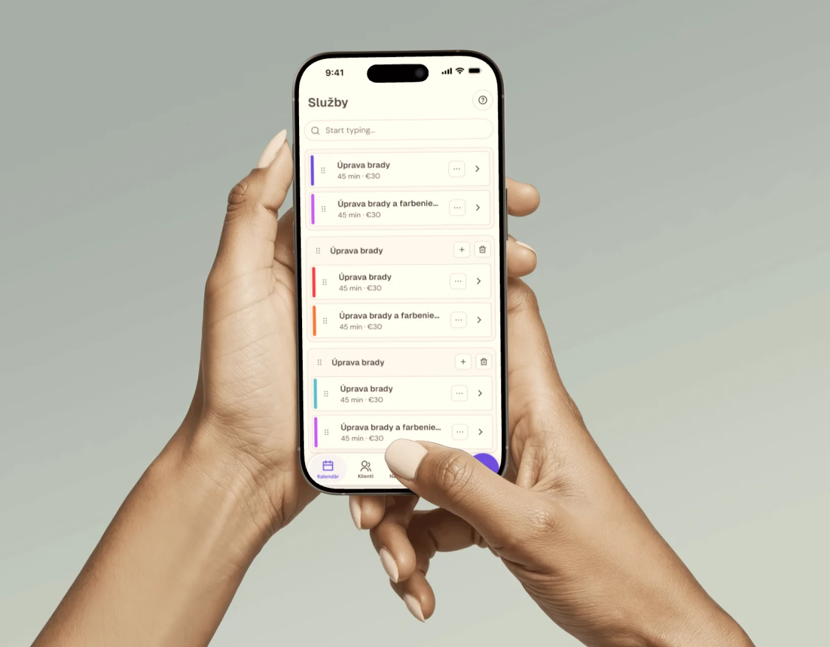 Service and category management in the Meety mobile app